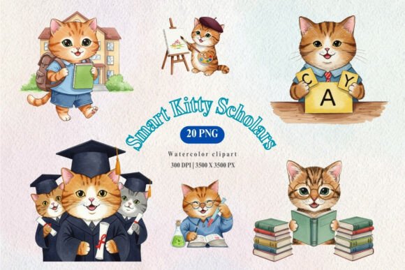 Watercolor Back to School Cat Clipart